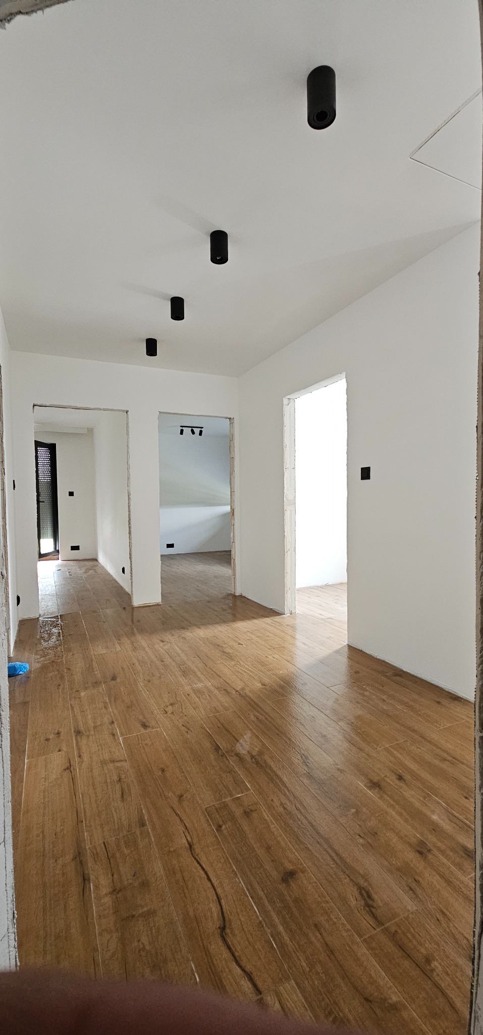 Jasne wnętrze po remoncie: drewnopodobne panele, białe ściany, czarne lampy sufitowe. Widoczne przejścia do innych pomieszczeń, surowy stan wykończenia.