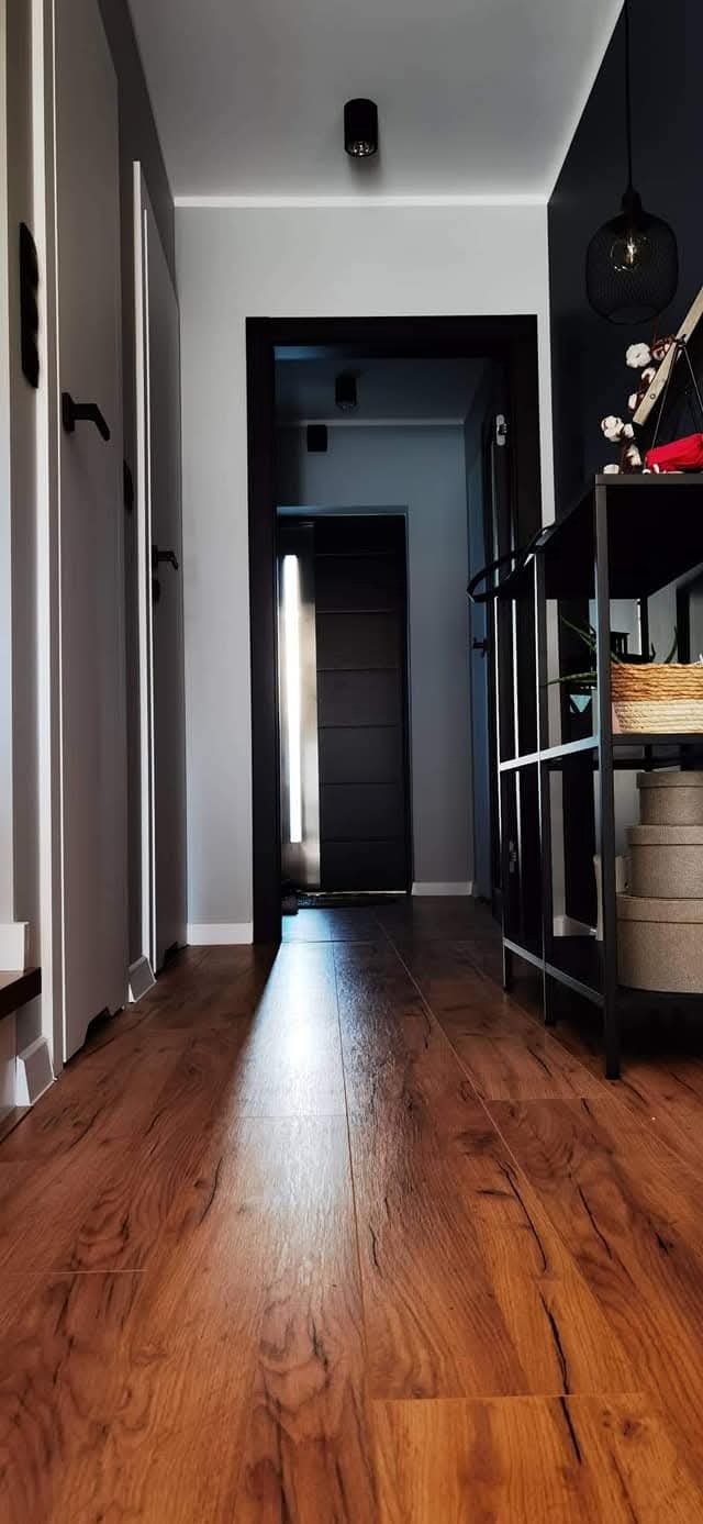 Nowoczesny korytarz w domu deweloperskim: brązowe panele podłogowe, białe drzwi z czarnymi klamkami, czarna rama drzwi i czarny regał. Minimalistyczne oświetlenie.
