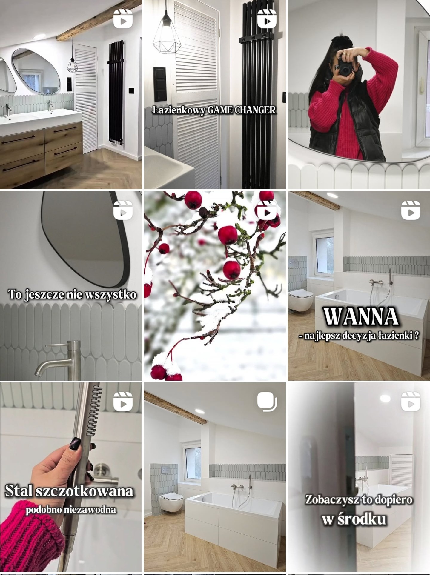 Kafelki w łazience, armatura, grzejnik drabinkowy i drewniane szafki pod umywalką w jasnej łazience. Widoczne elementy dekoracyjne i oświetlenie.