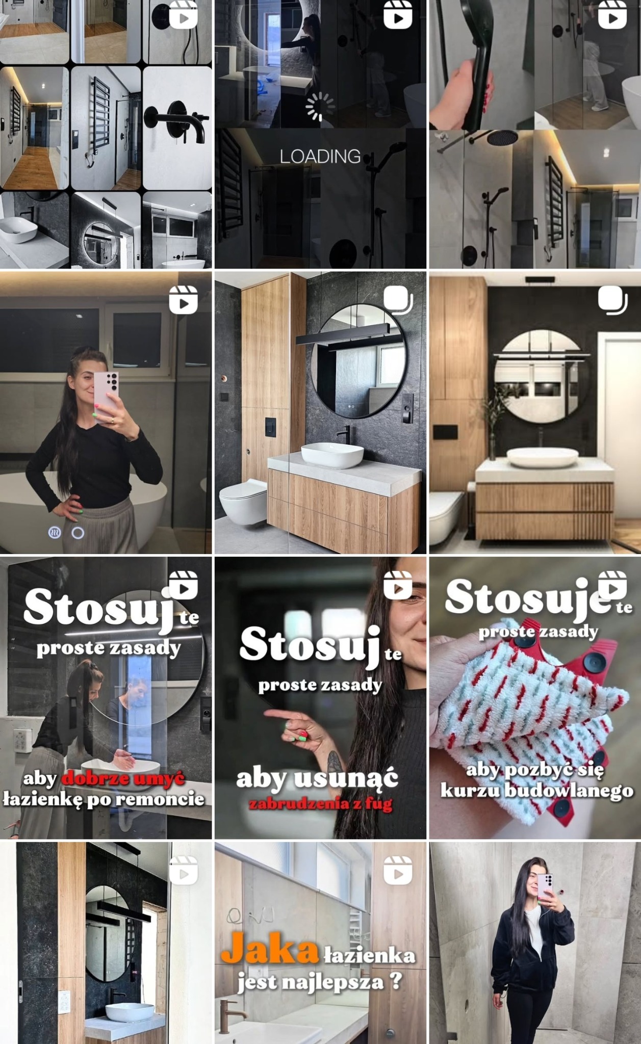 Mozaika zdjęć z Instagrama prezentująca nowoczesne łazienki: aranżacje z okrągłymi lustrami, drewnianymi szafkami, minimalistyczną armaturą i poradami dotyczącymi czyszczenia.