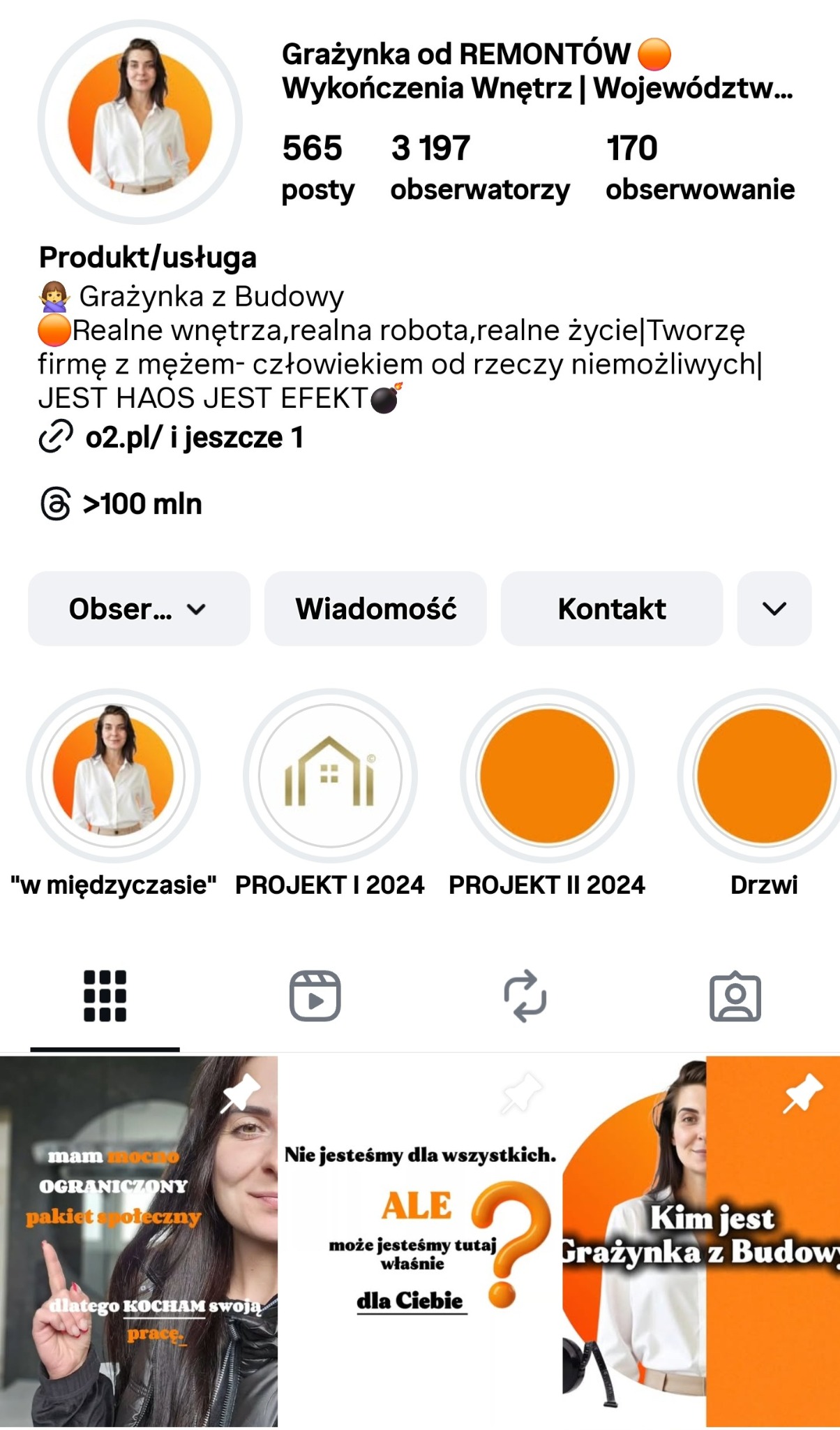 Zrzut ekranu profilu Instagram firmy remontowej 'Grażynka od Remontów', prezentujący posty, obserwatorów i informacje o ofercie 'Wykończenia Wnętrz'.