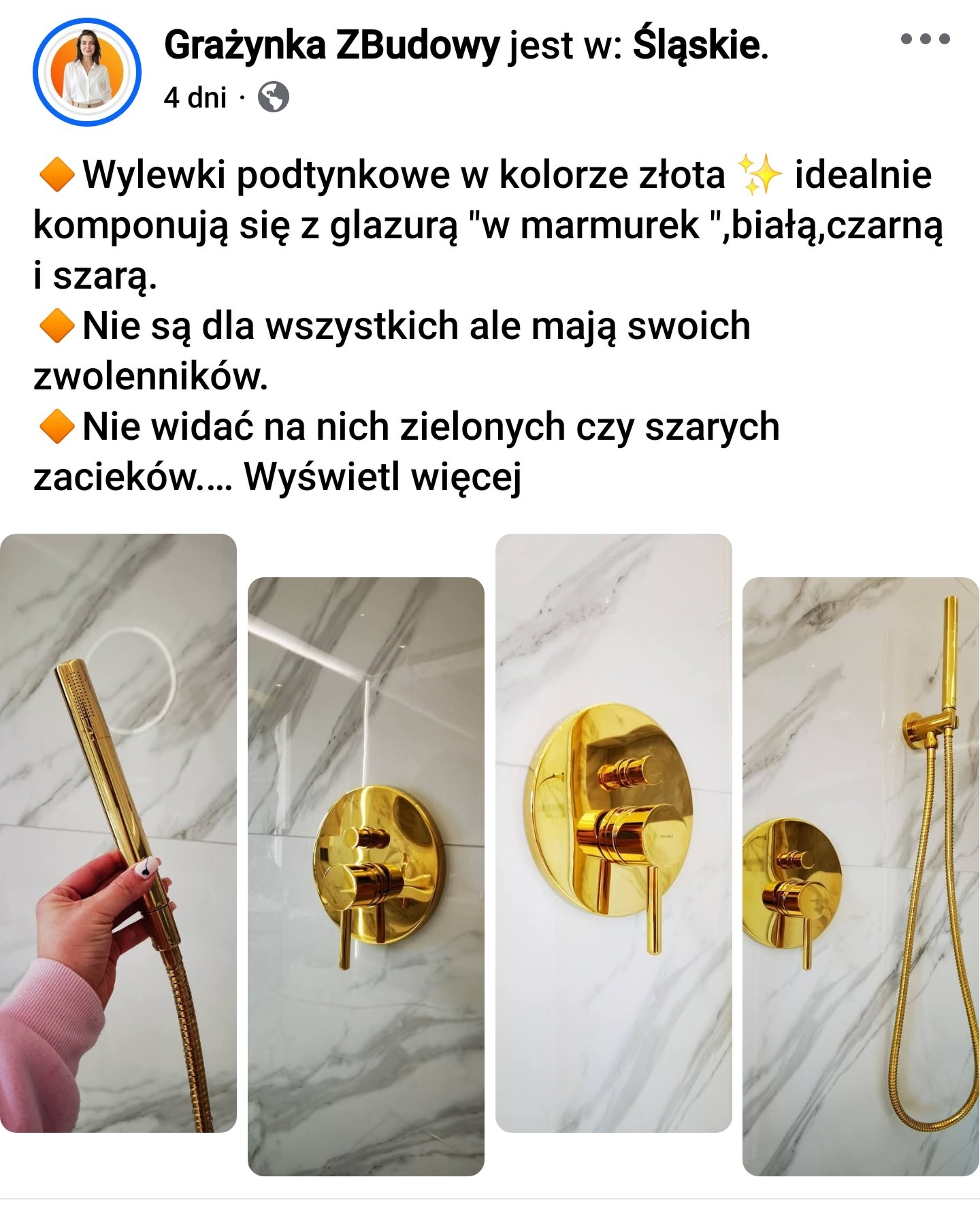 Złote wylewki podtynkowe na marmurowej glazurze w łazience. Bateria umywalkowa i prysznicowa w kolorze złota. Detal wykończenia wnętrza łazienki.