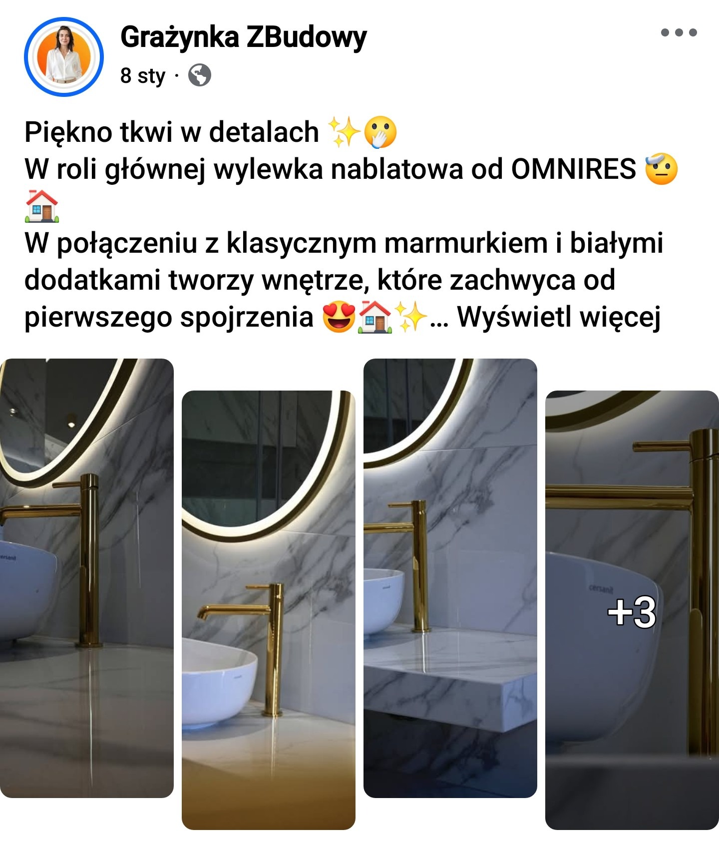 Elegancka łazienka: biała umywalka nablatowa, złota bateria i marmurowe wykończenie ściany z podświetlanym lustrem. Nowoczesny design.