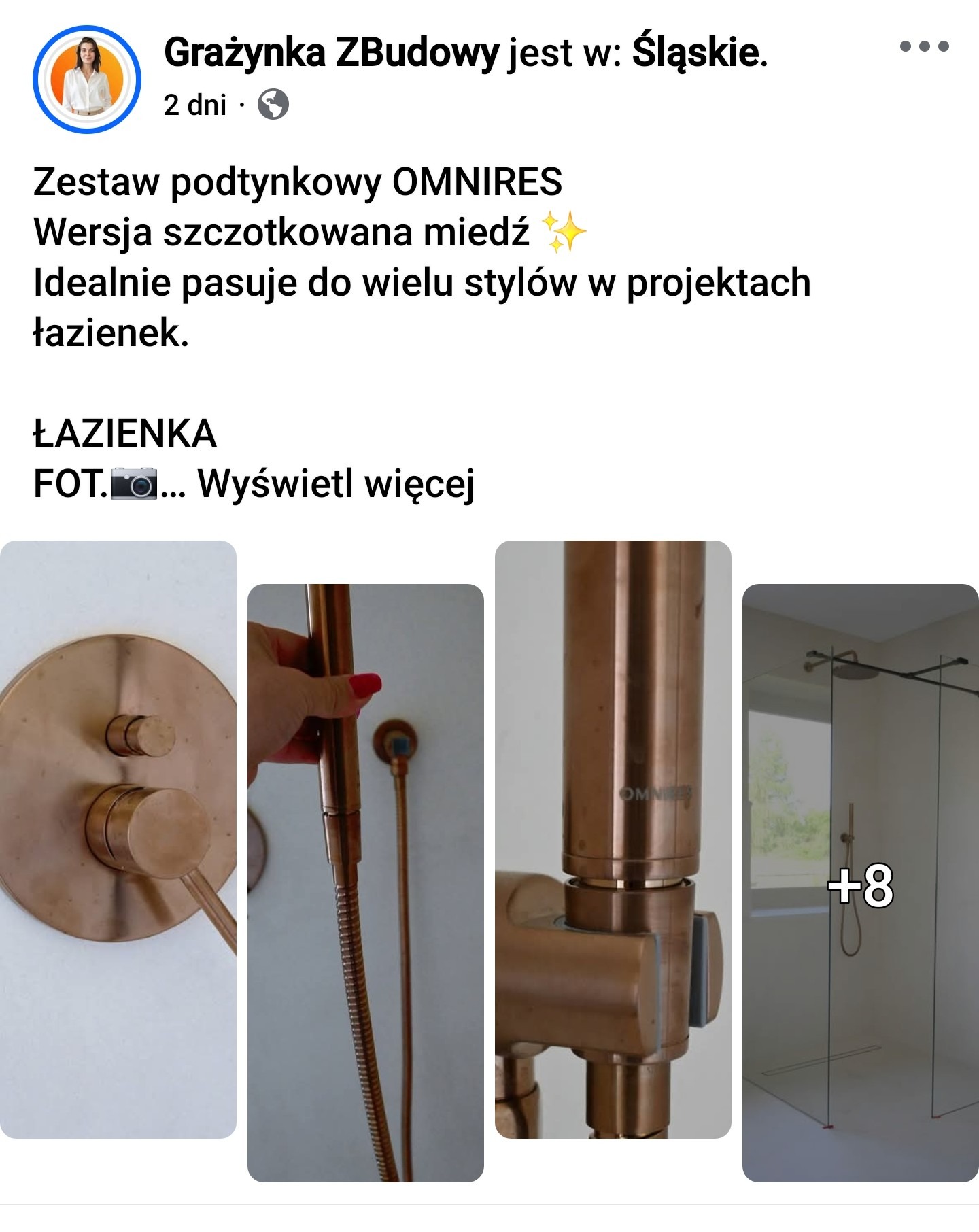 Miedziany zestaw podtynkowy OMNIRES w łazience: bateria, słuchawka prysznicowa i deszczownica. Minimalistyczny design, szczotkowane wykończenie, nowoczesna aranżacja.
