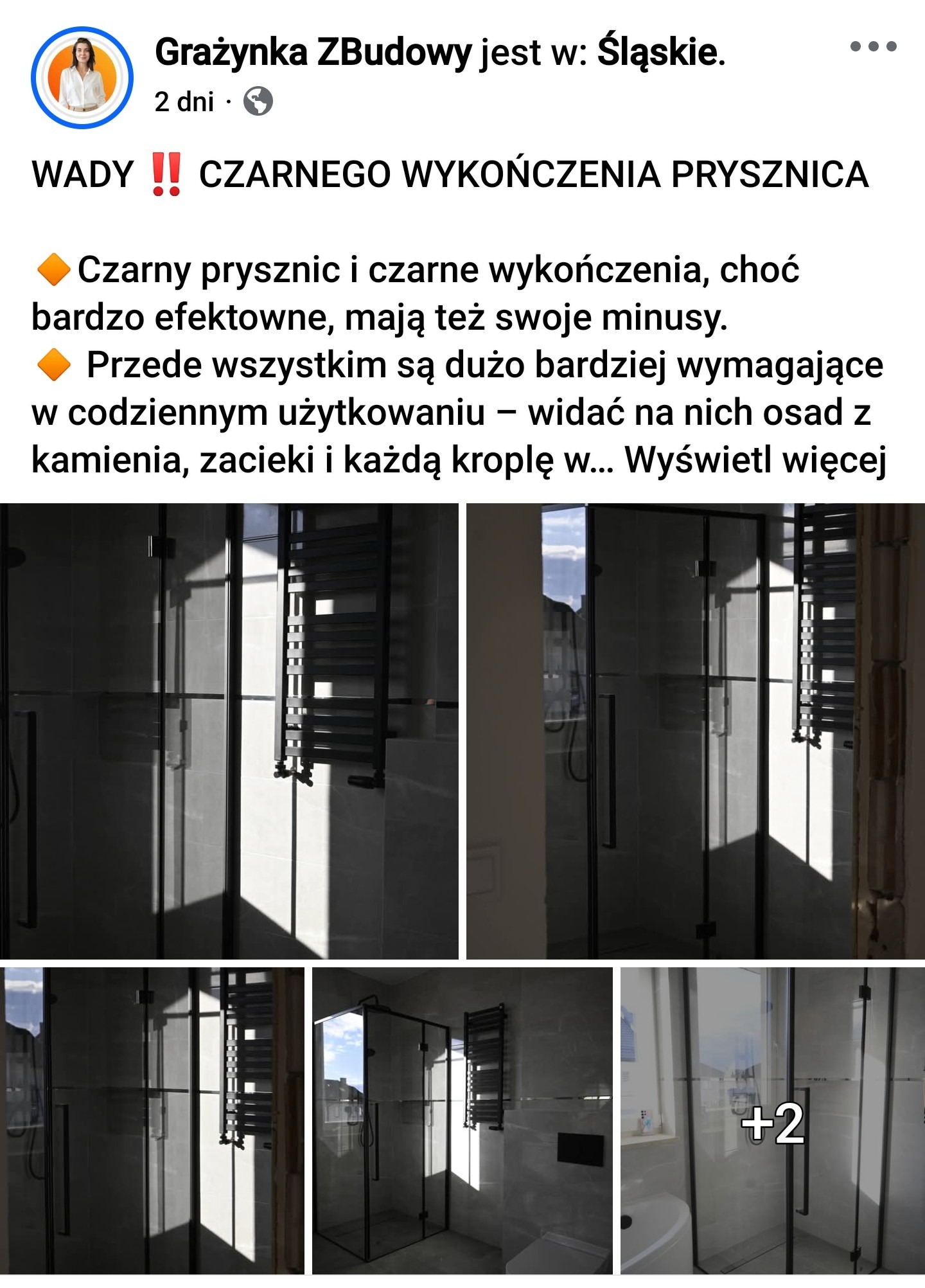 Nowoczesna kabina prysznicowa z czarnymi elementami wykończeniowymi, szklane drzwi, szare płytki, grzejnik drabinkowy w łazience. Minimalistyczny design.