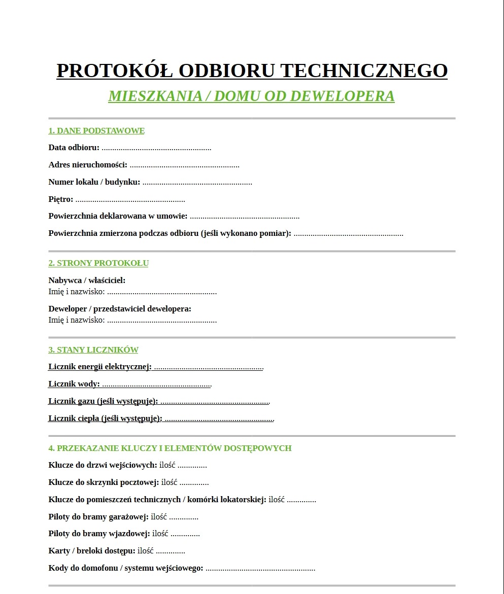 Protokół odbioru technicznego mieszkania/domu od dewelopera. Formularz z danymi podstawowymi, stronami protokołu, stanami liczników i przekazaniem kluczy.