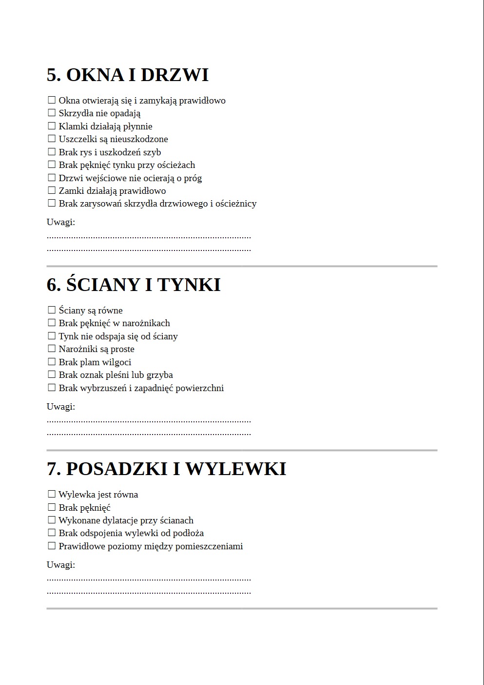 Protokół odbioru mieszkania od dewelopera: lista kontrolna z punktami do sprawdzenia, m.in. okna, drzwi, ściany, tynki, posadzki i wylewki.