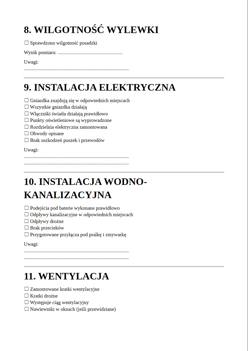 Protokół odbioru mieszkania od dewelopera: wilgotność wylewki, instalacja elektryczna, wodno-kanalizacyjna, wentylacja. Lista kontrolna z miejscem na uwagi.