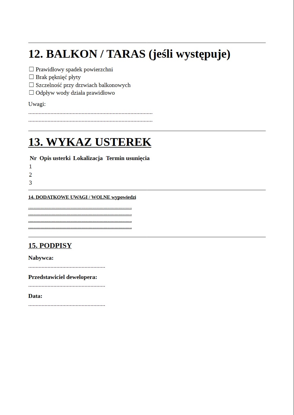 Protokół odbioru balkonu/tarasu od dewelopera: wykaz usterek, uwagi, podpisy nabywcy i dewelopera. Dokument w formacie A4, czarno-biały.