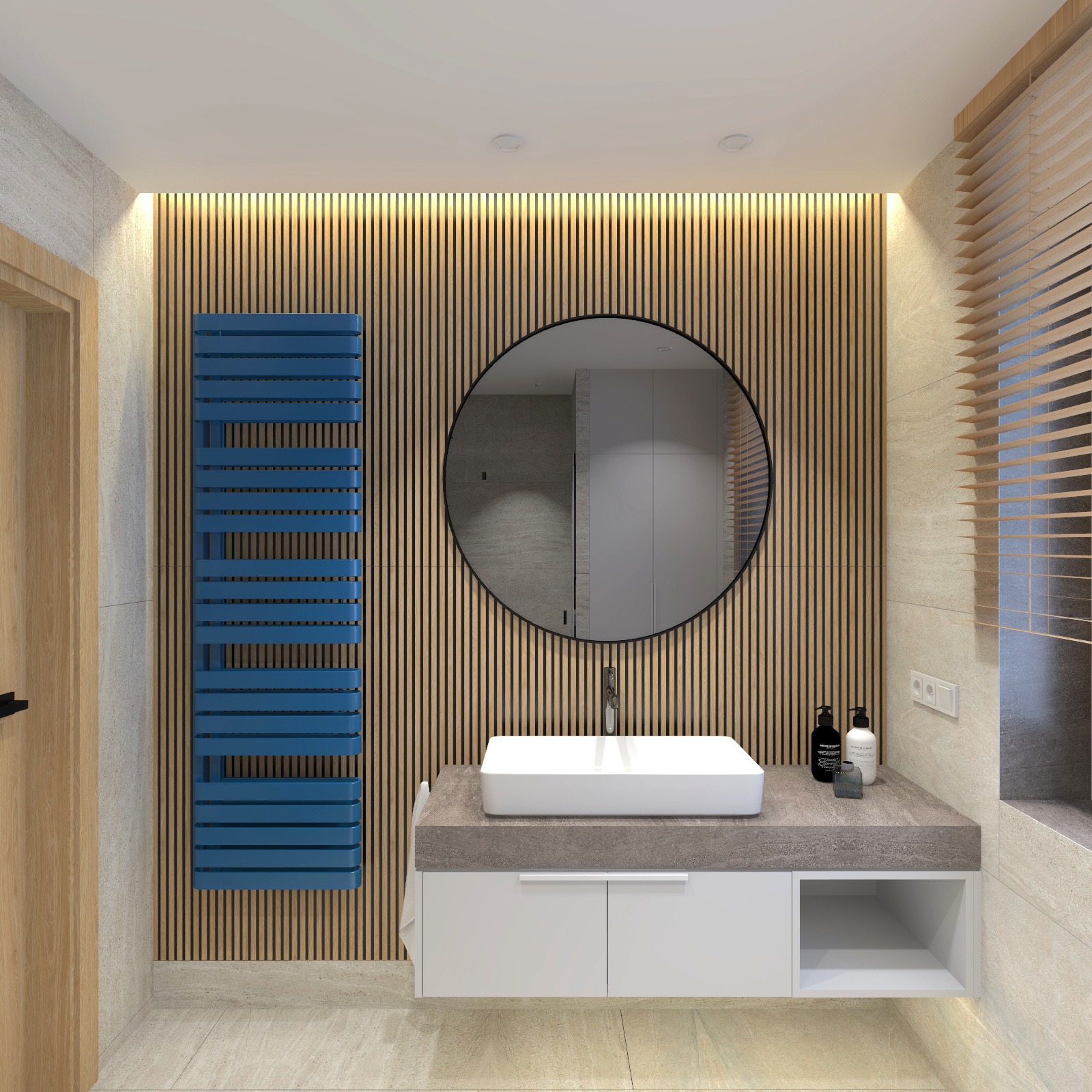 Wizualizacja łazienki: drewniane lamele na ścianie, okrągłe lustro, biała umywalka nablatowa, niebieski grzejnik drabinkowy, beżowe płytki i szafka pod umywalką.