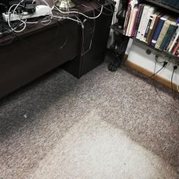 Mobilna Para Marcin Ocipka - Fragment pokoju z widocznym biurkiem z lampką, półką z książkami i dywanem z wyraźnym śladem czyszczenia.