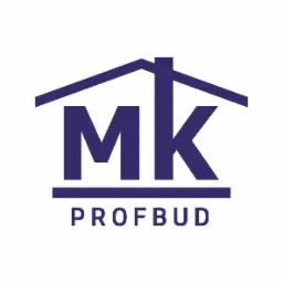 Logo firmy budowlanej MK PROFBUD z motywem dachu nad literami.