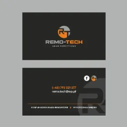 Wizytówka firmy Remo-Tech, świadczącej kompleksowe usługi remontowe i wykończenia wnętrz. Logo firmy z pomarańczowym akcentem, dane kontaktowe: numer telefonu i adres e-mail.