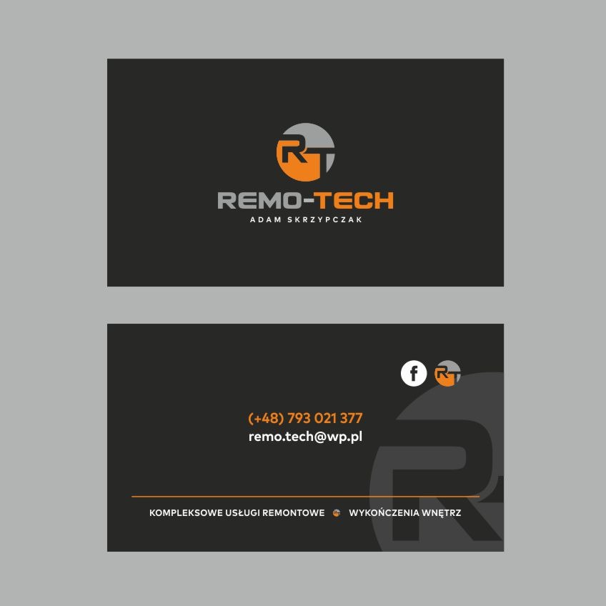Wizytówka firmy Remo-Tech, świadczącej kompleksowe usługi remontowe i wykończenia wnętrz. Logo firmy z pomarańczowym akcentem, dane kontaktowe: numer telefonu i adres e-mail.