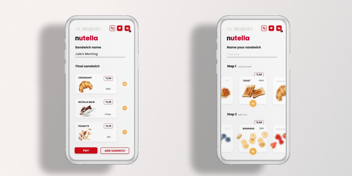 Dwa smartfony wyświetlają interfejs aplikacji do zamawiania spersonalizowanej kanapki Nutella, z opcjami wyboru składników i ich ilości oraz podglądem finalnego produktu.