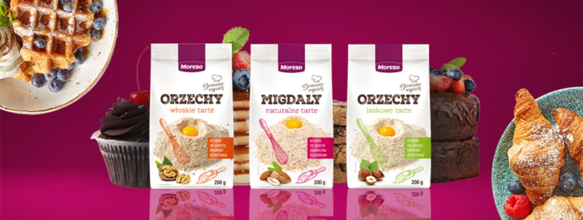 Promocyjne opakowania mieszanek do wypieków Moreso: orzechy włoskie, migdały naturalne i orzechy laskowe, prezentowane z gotowymi wypiekami - wafle, babeczka, tort i croissanty.