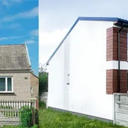 Porównanie domu przed i po termomodernizacji: dom z szarej cegły z dachem z eternitu kontra ocieplony budynek z białym tynkiem, drewnianymi okiennicami i niebieską dachówką.