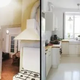 Porównanie kuchni przed i po remoncie: po lewej stronie widoczny stan pierwotny z ciemnymi kolorami i przestarzałym wyposażeniem, po prawej odnowiona kuchnia w jasnych barwach z nowoczesnymi...