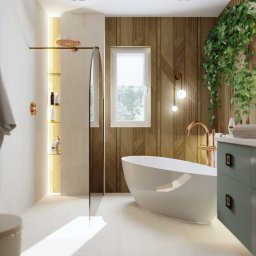 LU Design Luiza Paluch - Nowoczesna łazienka z wolnostojącą wanną, drewnianą ścianą i zielonymi roślinami. Umywalka na szafce w kolorze morskim. Minimalistyczny design z akcentami złota.