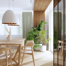 LU Design Luiza Paluch - Jasna jadalnia z drewnianym stołem i krzesłami, lampą w kształcie jaja, zielonymi roślinami doniczkowymi i złotym zegarem na ścianie. Naturalne światło wpada przez okno.