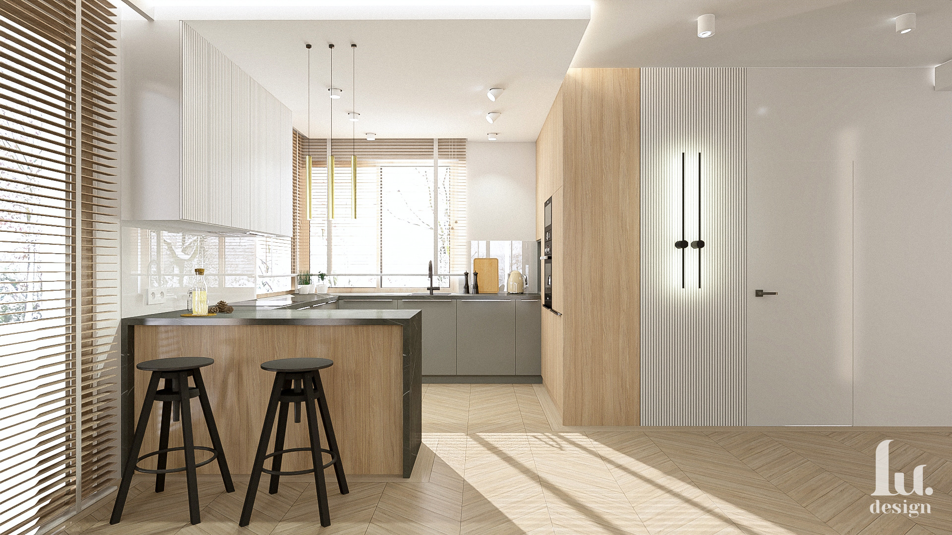 Nowoczesna kuchnia z wyspą, drewnianymi akcentami i hokerami, oświetlona naturalnym światłem wpadającym przez żaluzje.