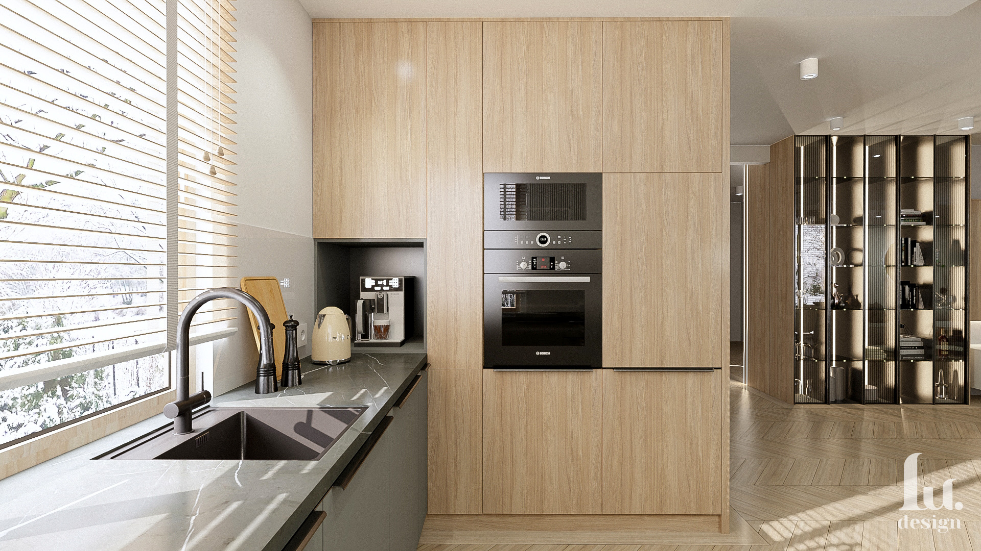 Nowoczesna kuchnia z drewnianymi frontami, czarną armaturą i sprzętem AGD marki Bosch. Widok na okno z żaluzjami i zaśnieżony krajobraz. W tle przeszklona witryna z oświetleniem.