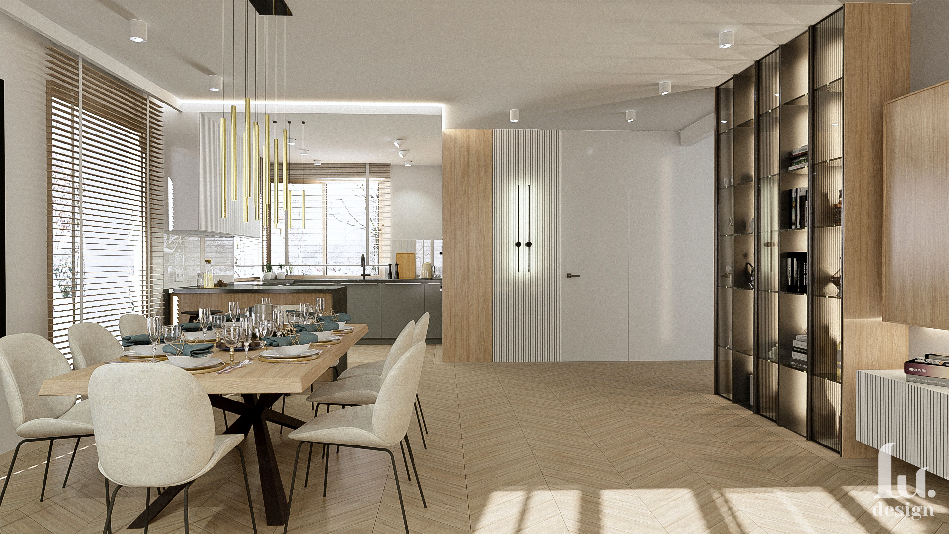 Jasne wnętrze: jadalnia z drewnianym stołem, nakrytym do posiłku, krzesła tapicerowane w kolorze ecru, w tle kuchnia i regał z podświetlanymi półkami.