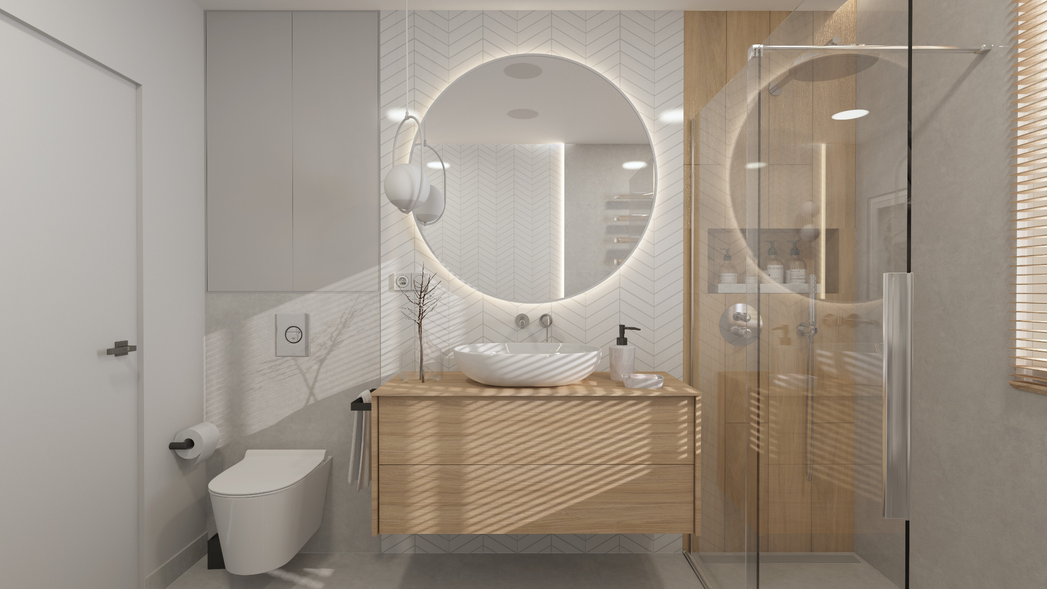 Nowoczesna łazienka z okrągłym lustrem podświetlanym LED, drewnianą szafką pod umywalką, wiszącą toaletą i kabiną prysznicową ze szklanymi drzwiami.