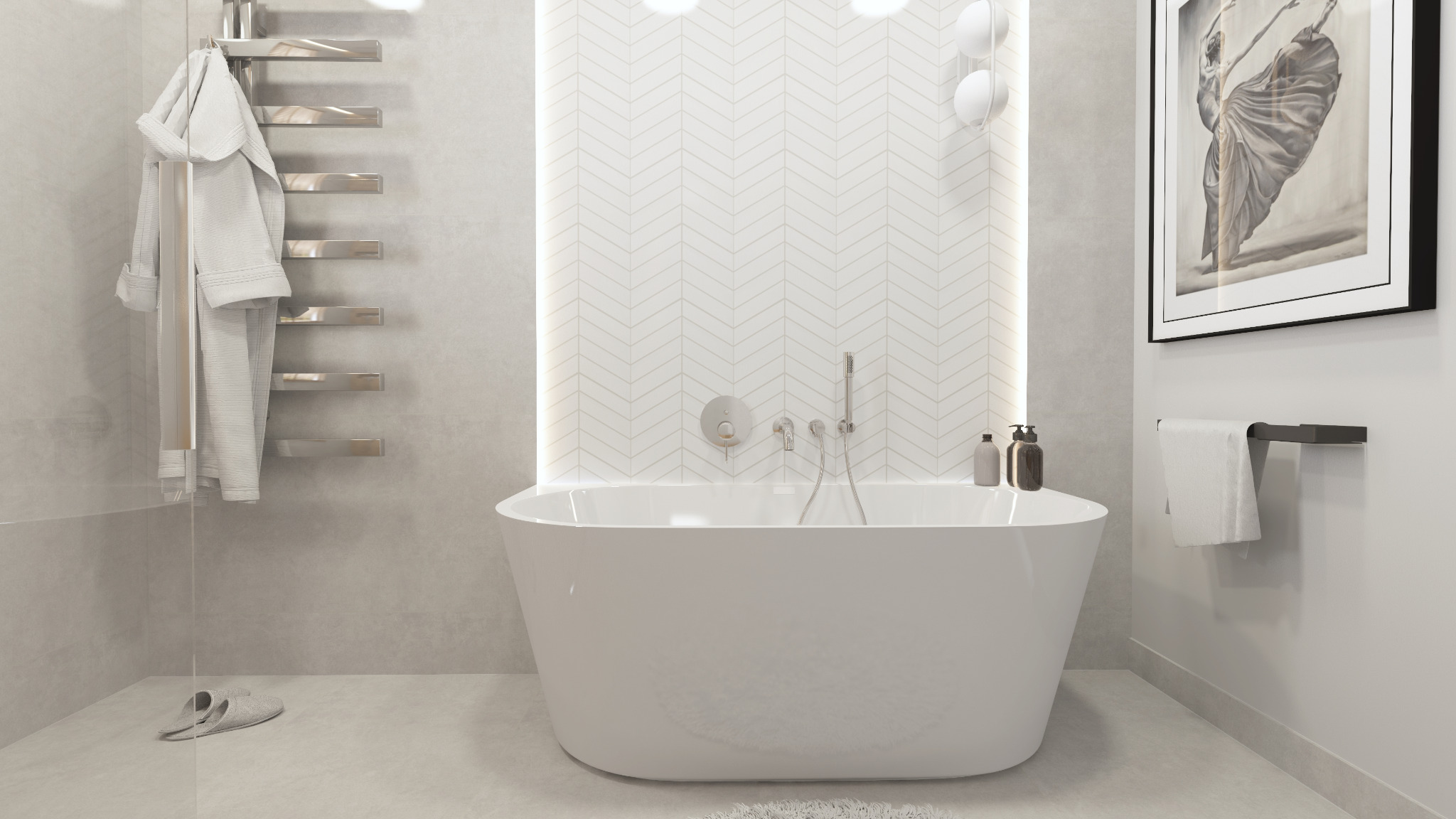 Nowoczesna łazienka w stonowanych szarościach z wolnostojącą białą wanną, chevronowymi płytkami na ścianie, chromowanym grzejnikiem drabinkowym z szlafrokiem i obrazem baletnicy w czarnej ramie.