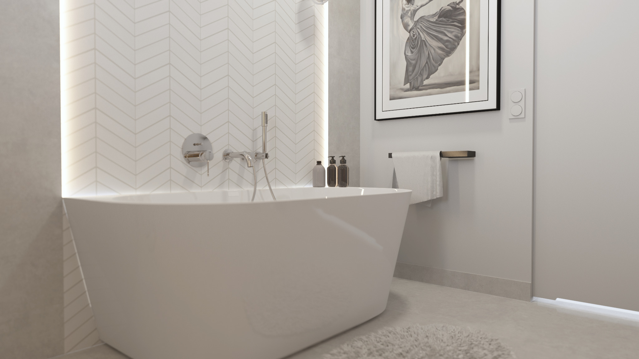 Nowoczesna łazienka z wolnostojącą wanną, armaturą w kolorze chromu, białymi płytkami ułożonymi w jodełkę, obrazem w czarnej ramie i puszystym dywanikiem.