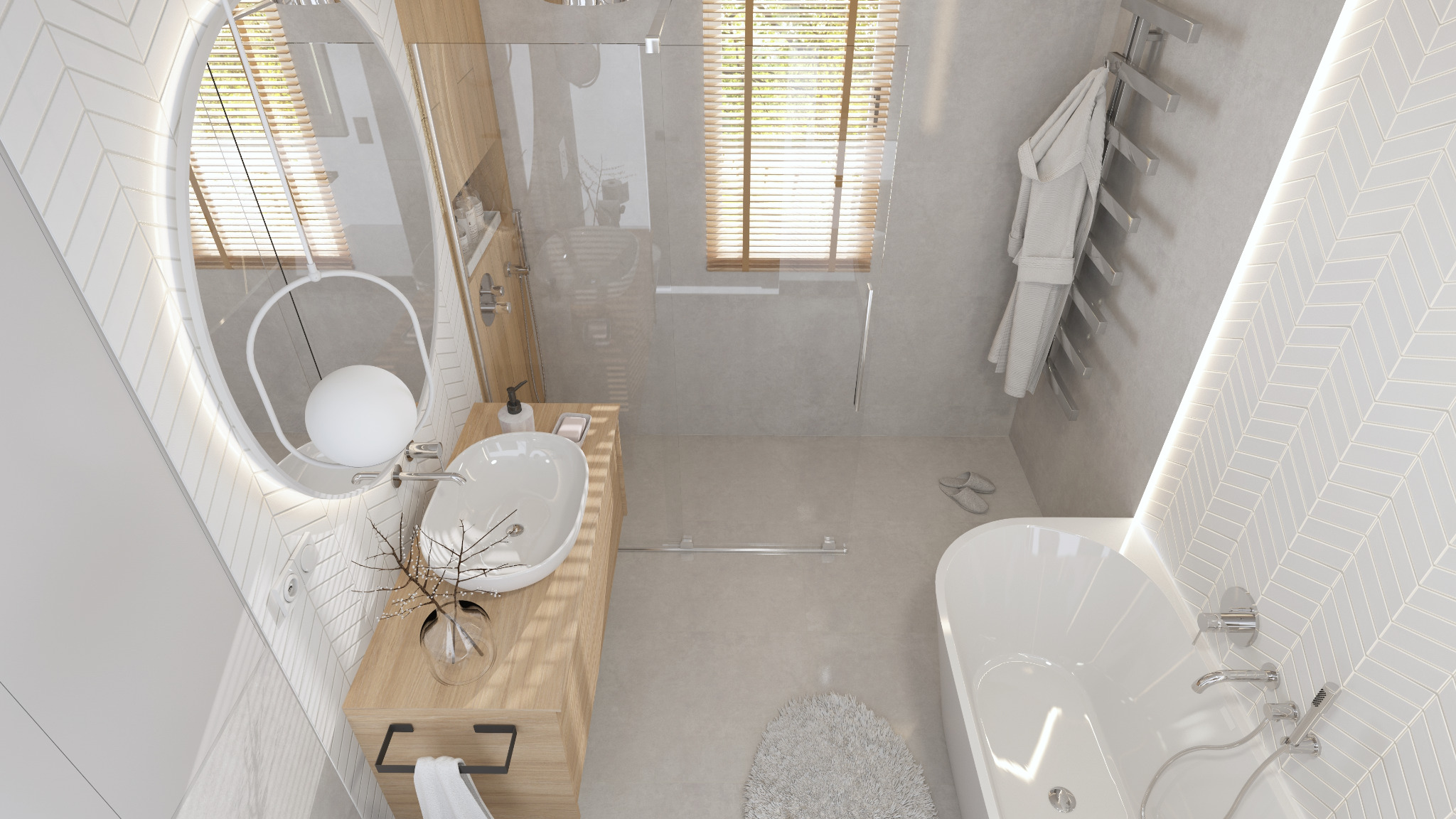 Nowoczesna łazienka z owalnym lustrem podświetlanym LED, drewnianą szafką pod umywalką, białą wanną wolnostojącą i kabiną prysznicową ze szklaną ścianą, wykończona białymi płytkami ułożonymi...