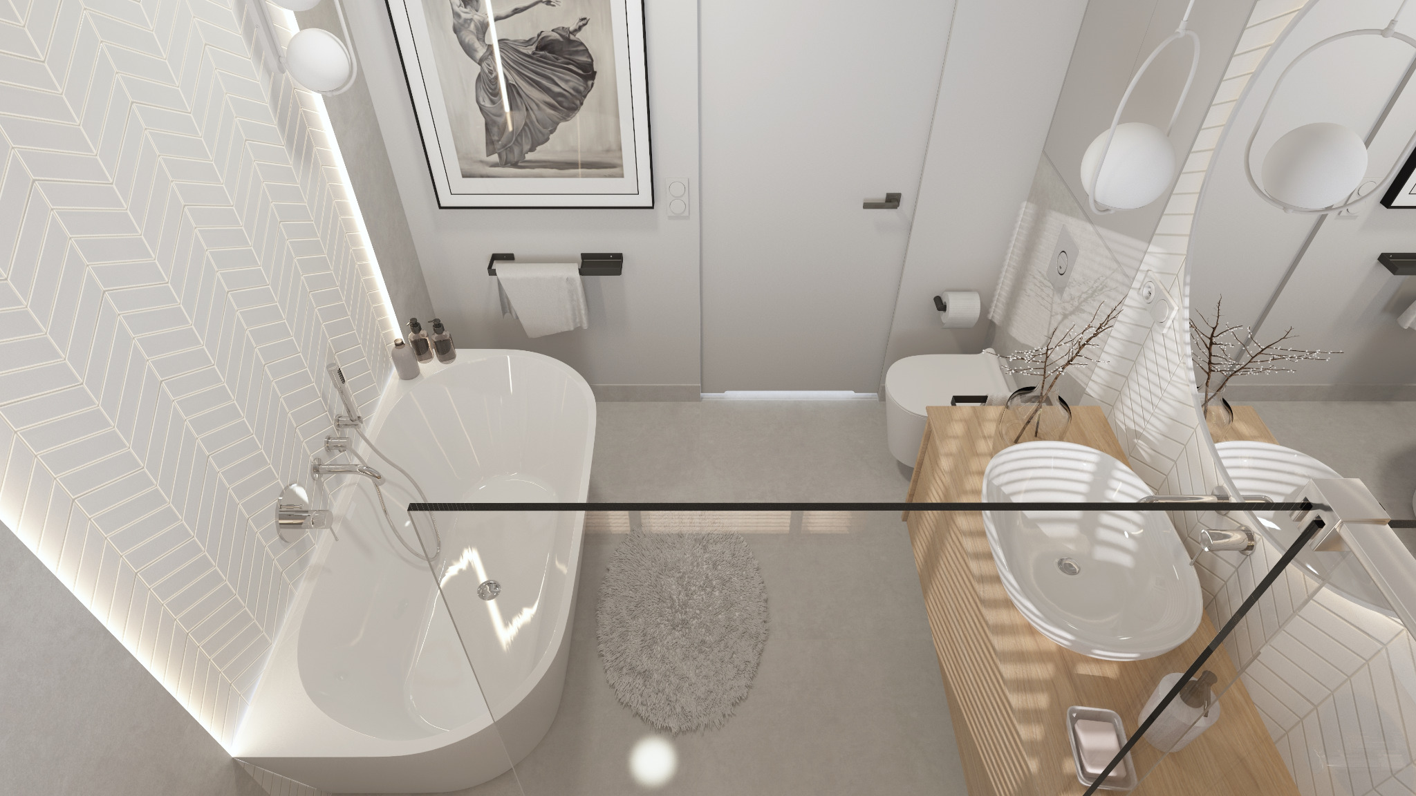 Wnętrze nowoczesnej łazienki z białymi płytkami ułożonymi w jodełkę, podświetlanymi LED, owalną wanną, wiszącą toaletą i umywalką na drewnianym blacie, całość utrzymana w jasnej, minimalistycznej...