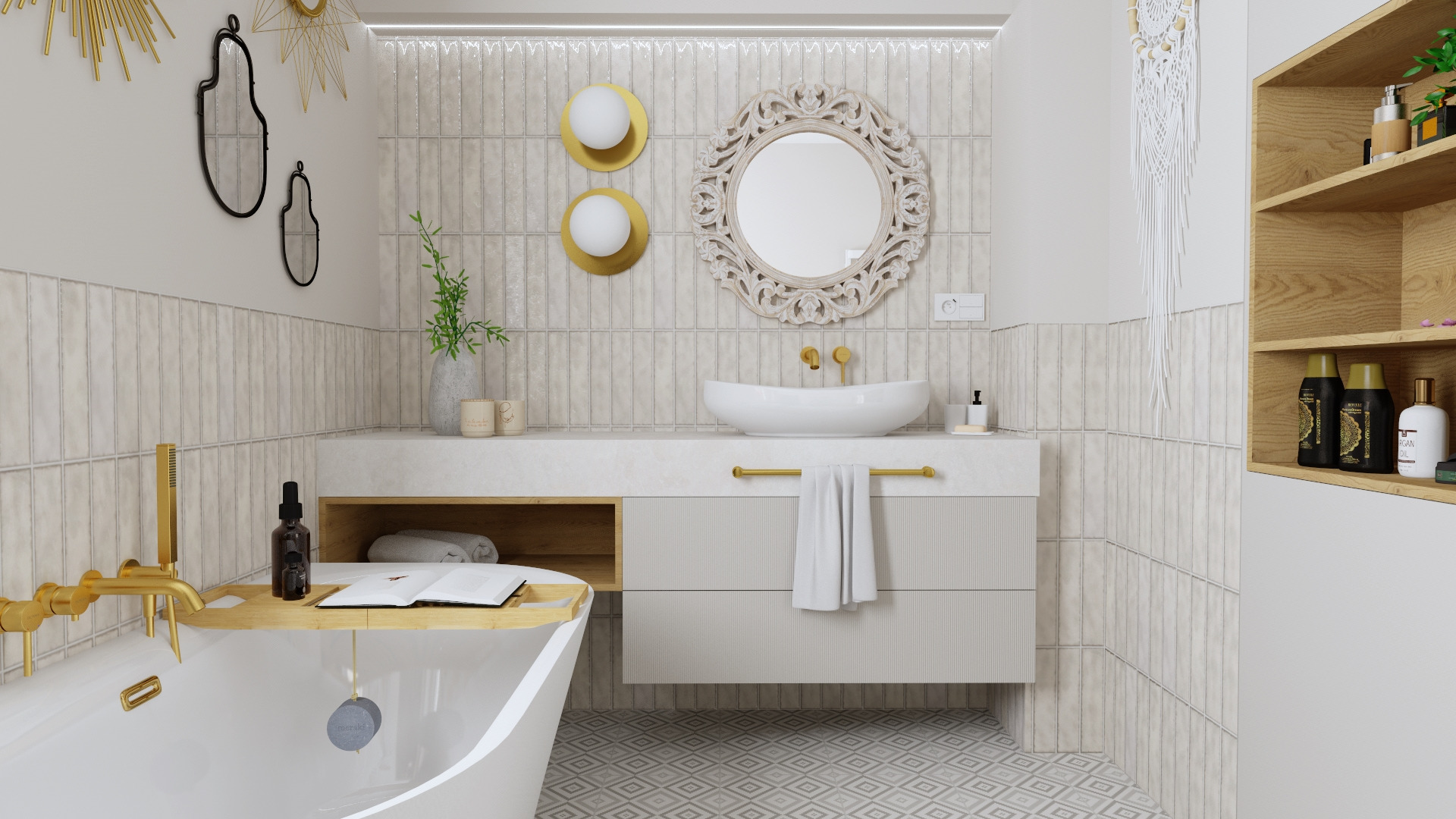 Jasna łazienka w stylu boho z wolnostojącą wanną, umywalką nablatową, okrągłym lustrem w ozdobnej ramie, złotą armaturą i wzorzystymi płytkami.