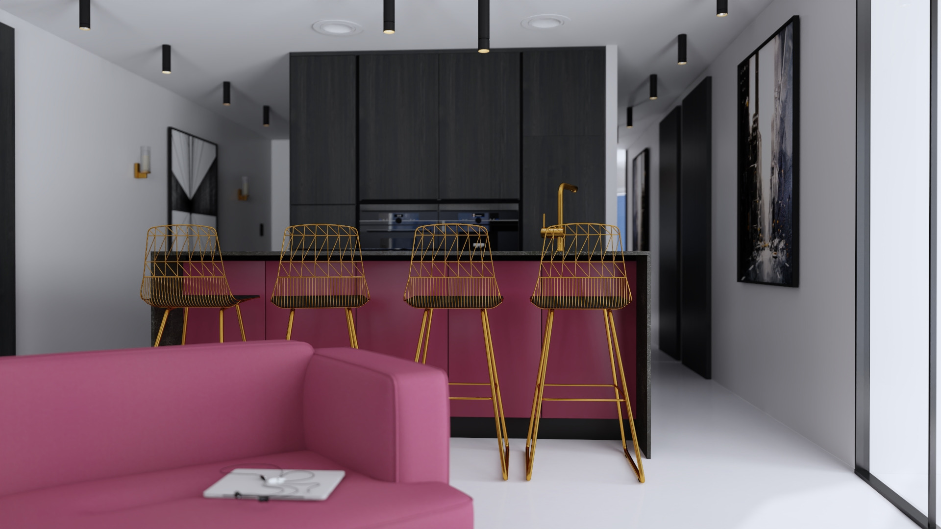 Nowoczesne wnętrze z otwartą kuchnią i salonem, różowa sofa z tabletem, złote krzesła barowe, czarne szafki kuchenne i minimalistyczne oświetlenie punktowe.