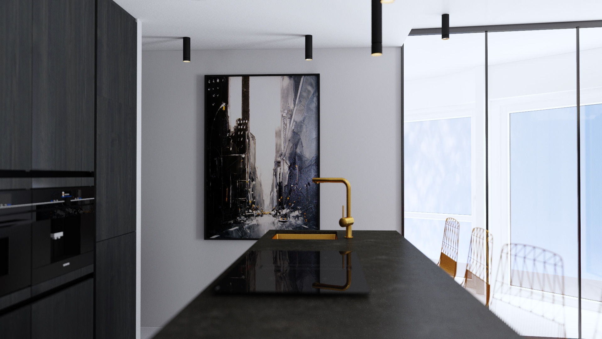 Ciemna kuchnia z wyspą i złotą armaturą w Ulanowie, z obrazem o tematyce miejskiej na ścianie i widokiem na jasne otoczenie za oknem.