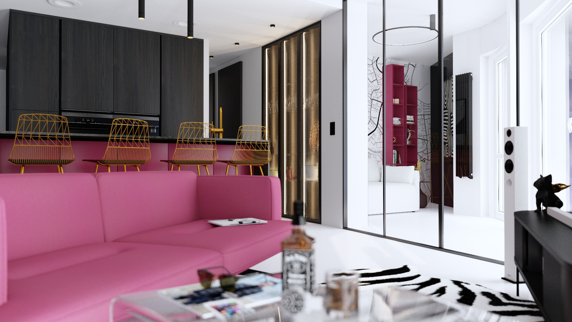 Nowoczesne wnętrze mieszkania z różową sofą, złotymi krzesłami barowymi i czarnymi szafkami kuchennymi, widok na pokój za szklanymi drzwiami z mapą na ścianie.