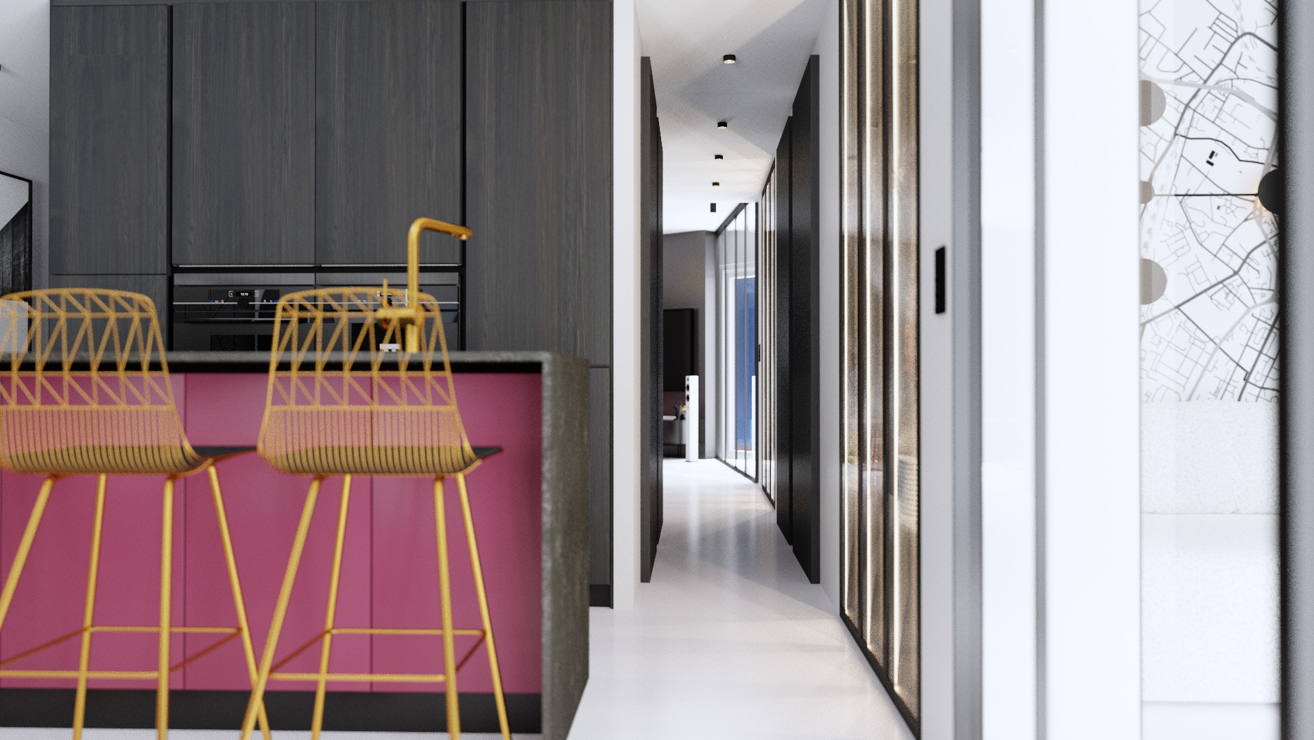 Wnętrze nowoczesnej kuchni z dwoma złotymi krzesłami barowymi przed różową wyspą kuchenną, ciemnymi szafkami w tle i widokiem na korytarz z dekoracyjną ścianą z mapą.