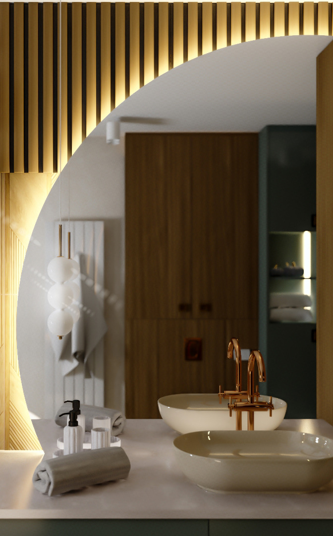 Nowoczesna łazienka z dwiema umywalkami, złotą armaturą i oświetleniem LED. Minimalistyczny design z drewnianymi akcentami i dekoracyjnym oświetleniem.