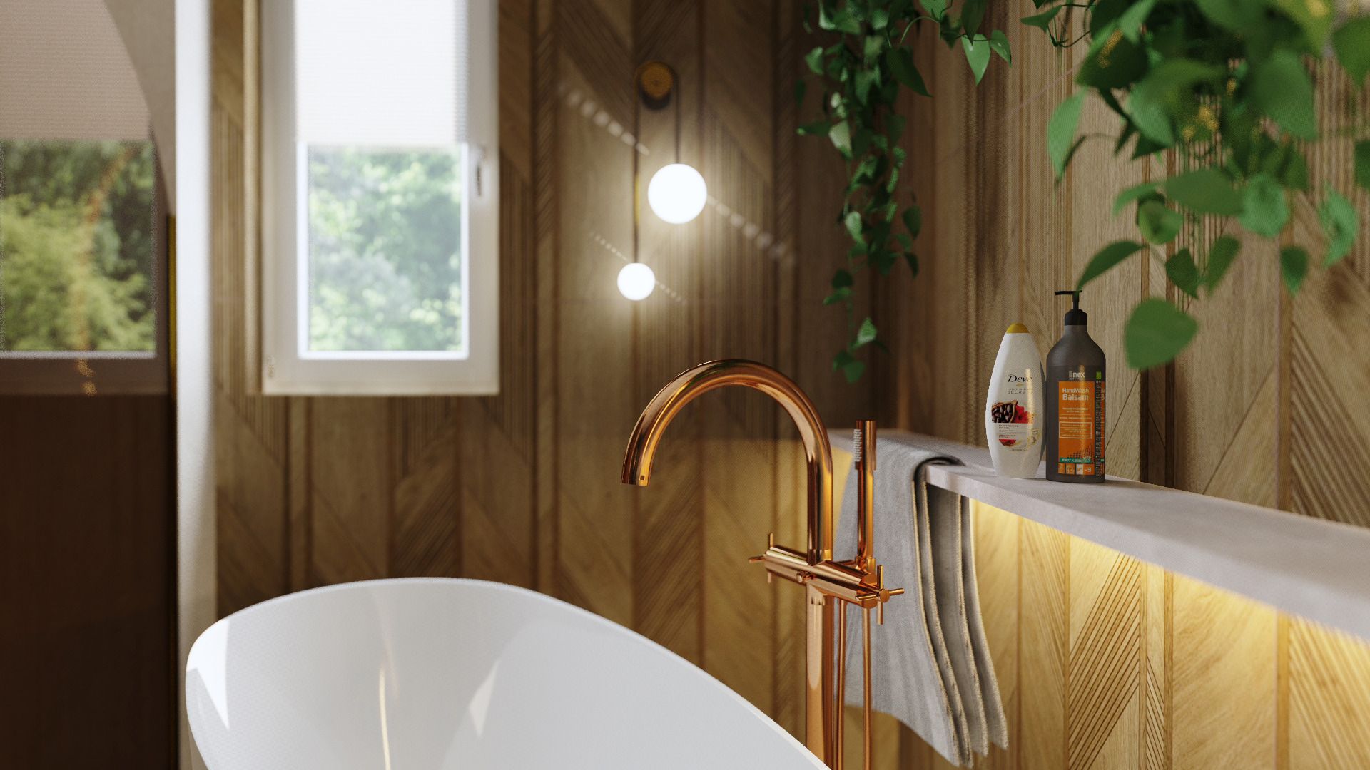 Nowoczesna łazienka z drewnianą ścianą w jodełkę, złotą armaturą i roślinami. Minimalistyczny design z akcentami natury i ciepłym oświetleniem.