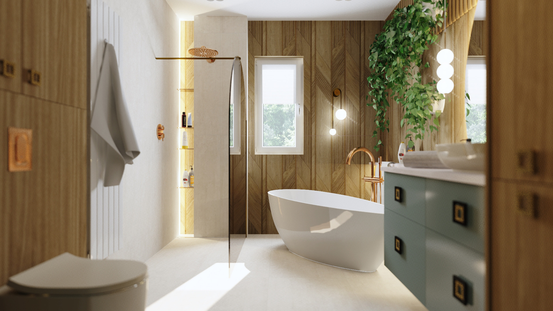 Nowoczesna łazienka z wolnostojącą wanną, drewnianą ścianą i zielonymi roślinami. Umywalka na szafce w kolorze morskim. Minimalistyczny design z akcentami złota.