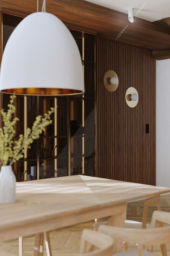 Nowoczesna jadalnia z drewnianym stołem, krzesłami i dekoracyjną lampą wiszącą. W tle regał z podświetleniem i panele ścienne z okrągłymi lampami.