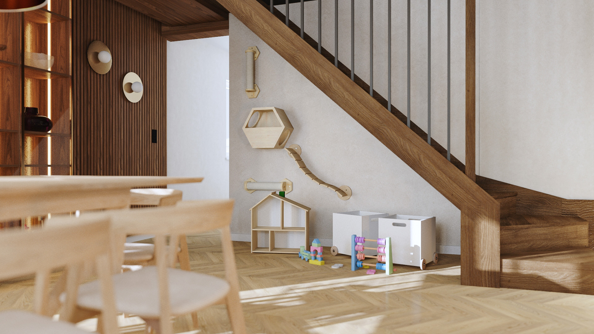 Jasne drewno, schody i zabawki w pokoju dziecięcym. Elementy dla kota na ścianie. Minimalistyczny design, ciepłe oświetlenie, parkiet w jodełkę.