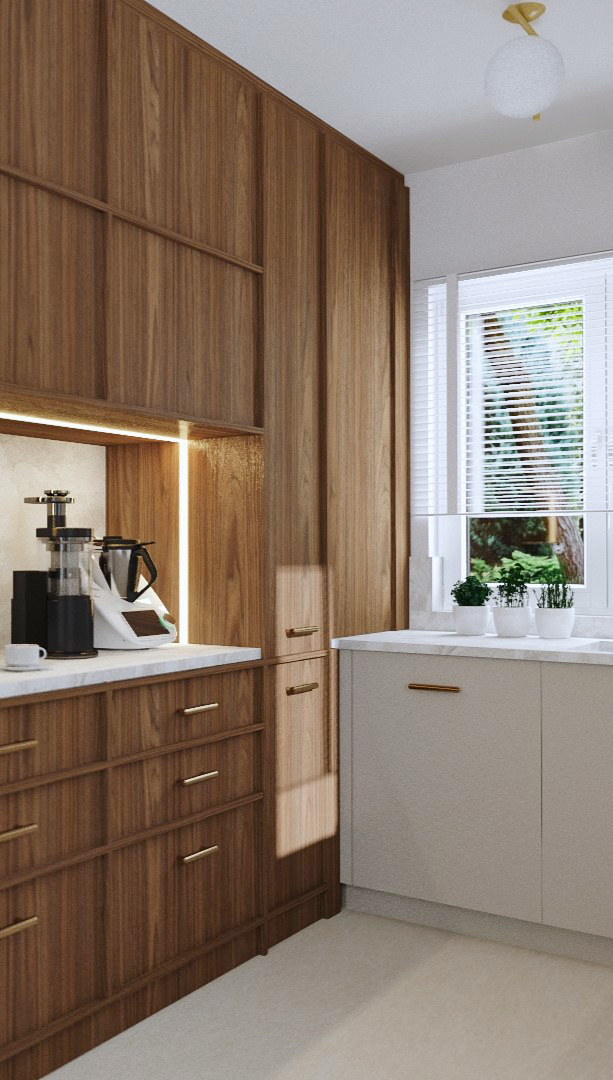 Nowoczesna kuchnia z drewnianymi szafkami, marmurowym blatem i sprzętem AGD. Minimalistyczny design, jasne wnętrze z roślinami w oknie.