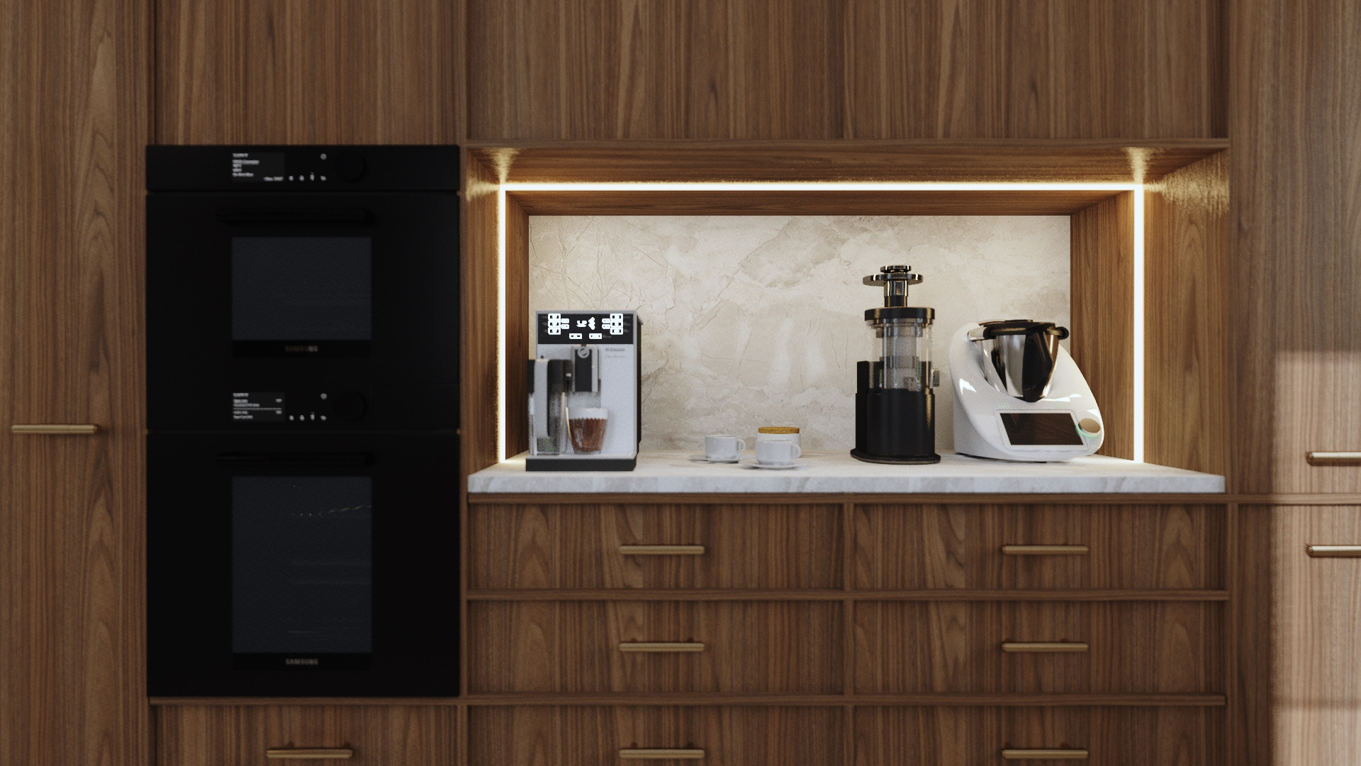 Nowoczesna zabudowa kuchenna z drewnianymi frontami, oświetleniem LED i sprzętami AGD: piekarnik, ekspres do kawy, wyciskarka i Thermomix. Marmurowy blat.