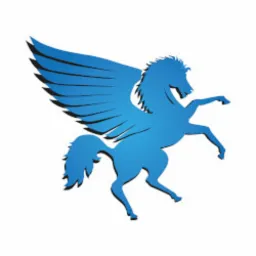 Stylizowany, błękitny pegaz z rozłożonymi skrzydłami na białym tle.