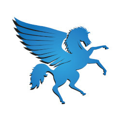 Stylizowany, błękitny pegaz z rozłożonymi skrzydłami na białym tle.