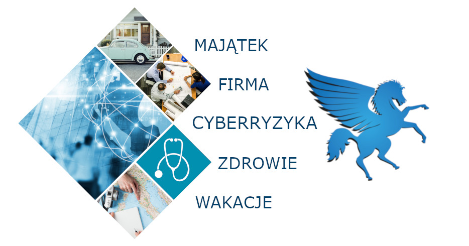 Kompozycja graficzna przedstawiająca kolaż zdjęć: dom z samochodem, grupa osób nad planami, globalna sieć, mapa z aparatem, ikona stetoskopu oraz napisane słowa: Majątek, Firma, Cyberryzyka...