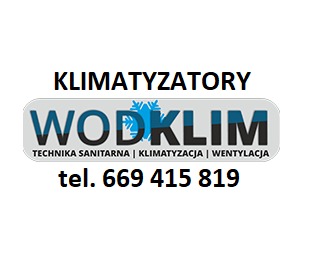 Logo firmy WODKLIM z numerem telefonu, oferującej technikę sanitarną, klimatyzację i wentylację. Widoczny stylizowany napis 'WODKLIM' z niebieską śnieżynką.