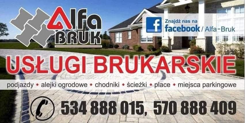 Grafika reklamowa firmy brukarskiej Alfa Bruk z numerami telefonów, logo i zdjęciem domu z brukowanym podjazdem. Znajdź nas na Facebooku.