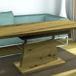 Stół kawowy z blatem z jasnego drewna i nietypową podstawą, widoczny na tle turkusowej sofy i zasłon.